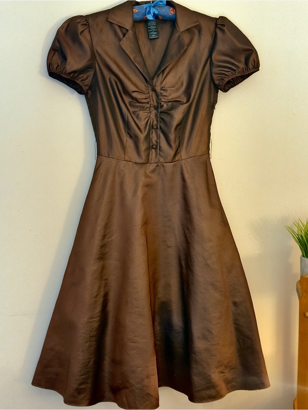 Vintage 90’s–2000’s BCBG Paris Brown Satin Midi Fit-and-Flare Dress